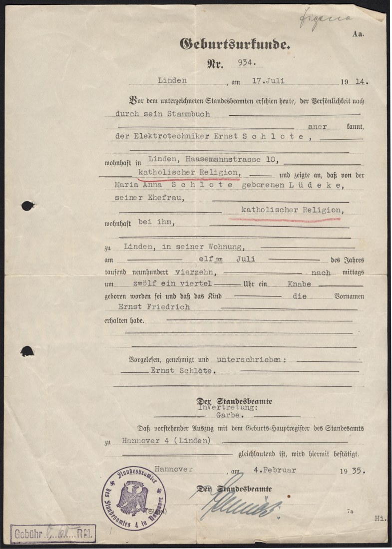 Standesamt birth certificate