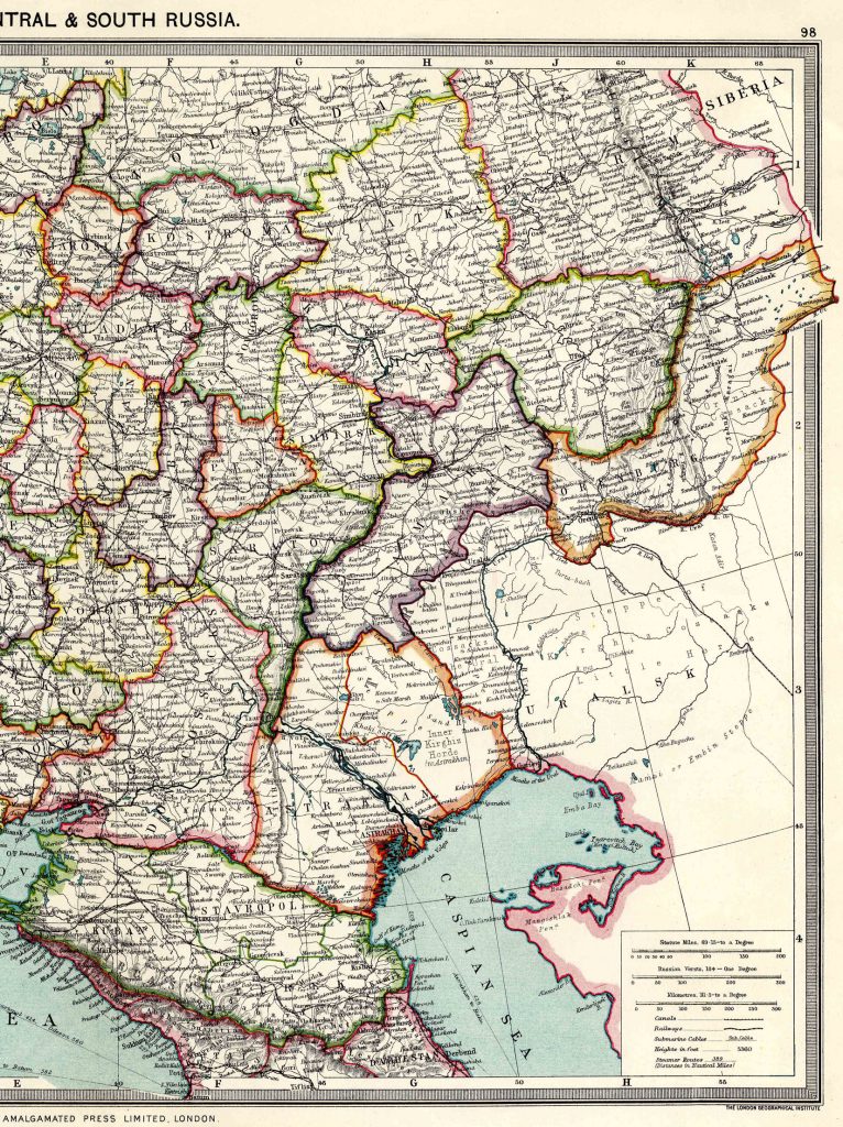 From Harmsworth Atlas and Gazetteer, London, 1909, Scale: 1:6,500,000Download the Hi Res Map and view the Gazetteer