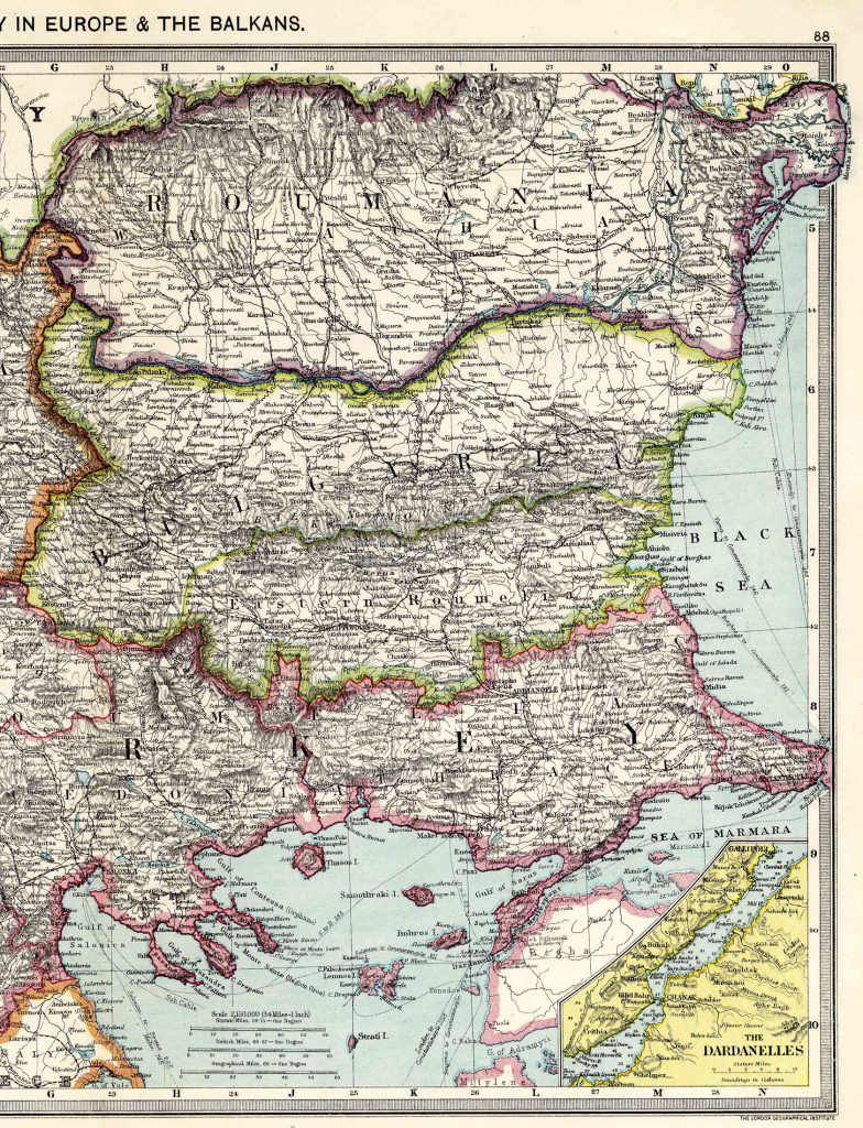 From Harmsworth Atlas and Gazetteer, London, 1909, Scale: 1:2,150,000Download the Hi Res Map and view the Gazetteer